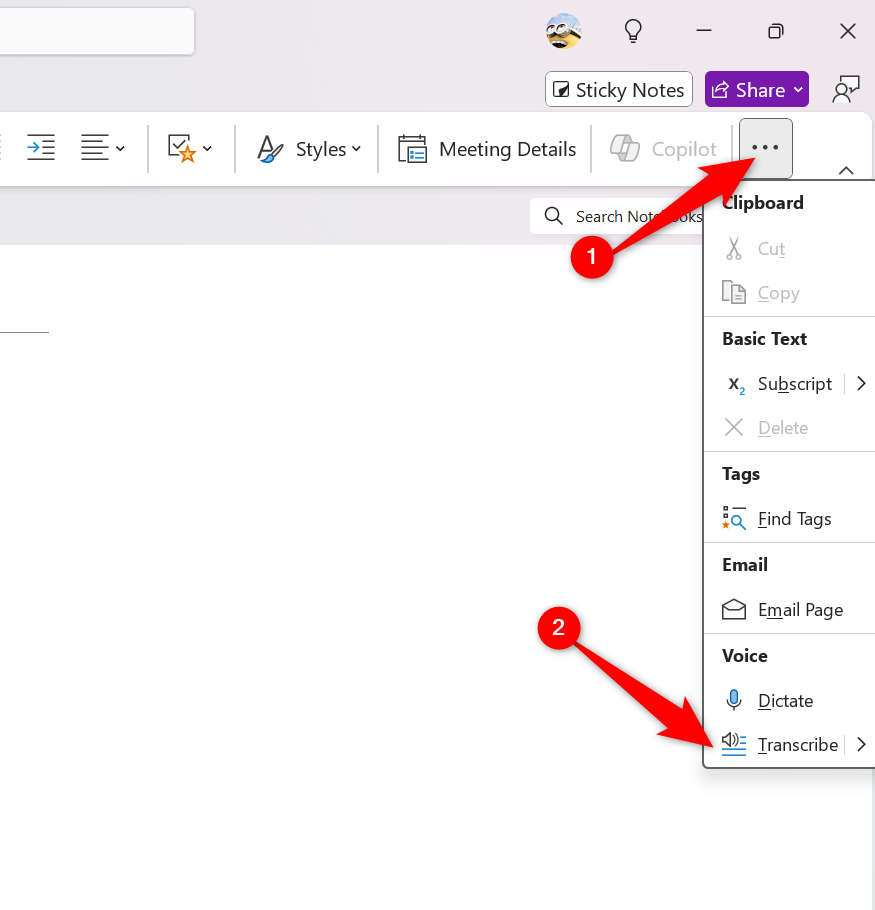 The ribbon in Microsoft OneNote