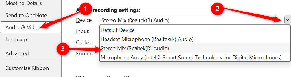 Audio settings in OneNote