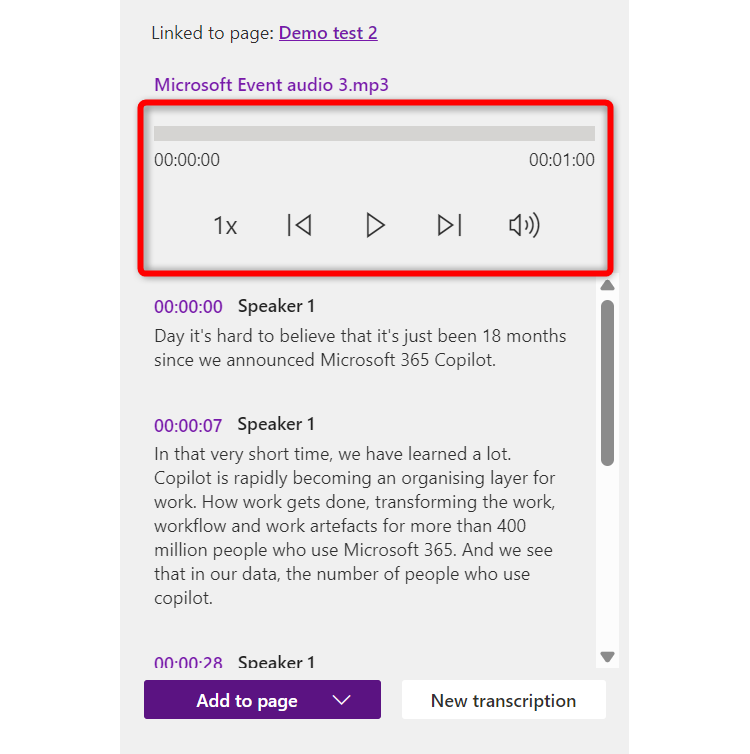 A transcript of an audio recording in OneNote