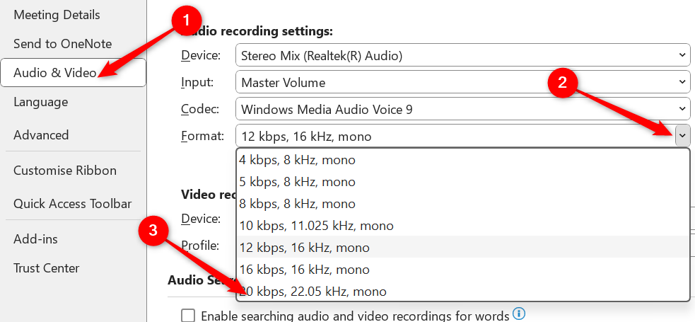 Audio settings in OneNote