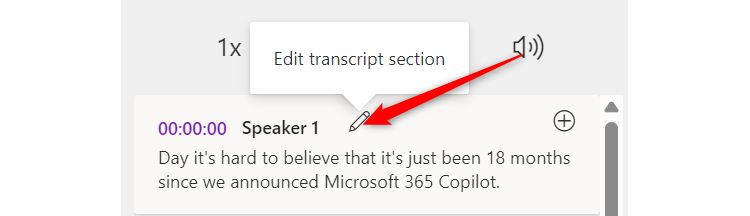 A pencil icon above a transcript in OneNote