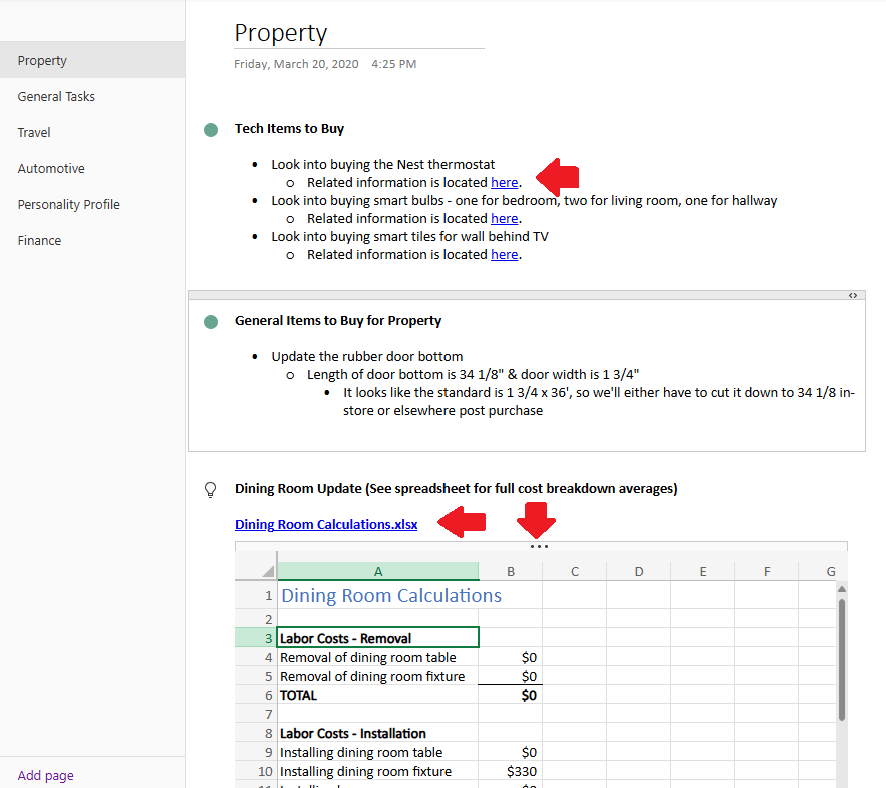 The My Property page canvas in OneNote.