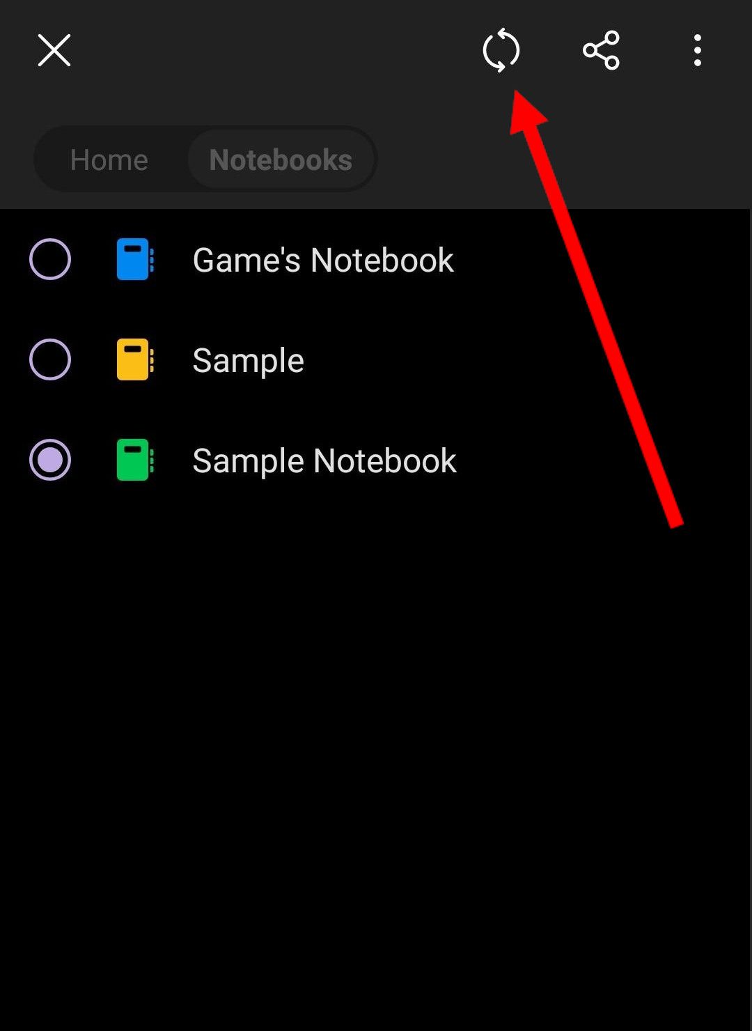 The Sync button on OneNote mobile.