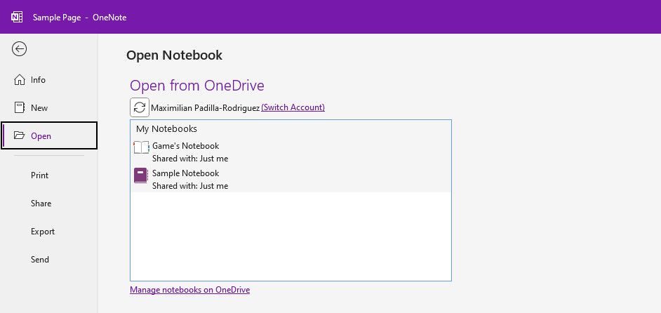 Open notebooks function in OneNote