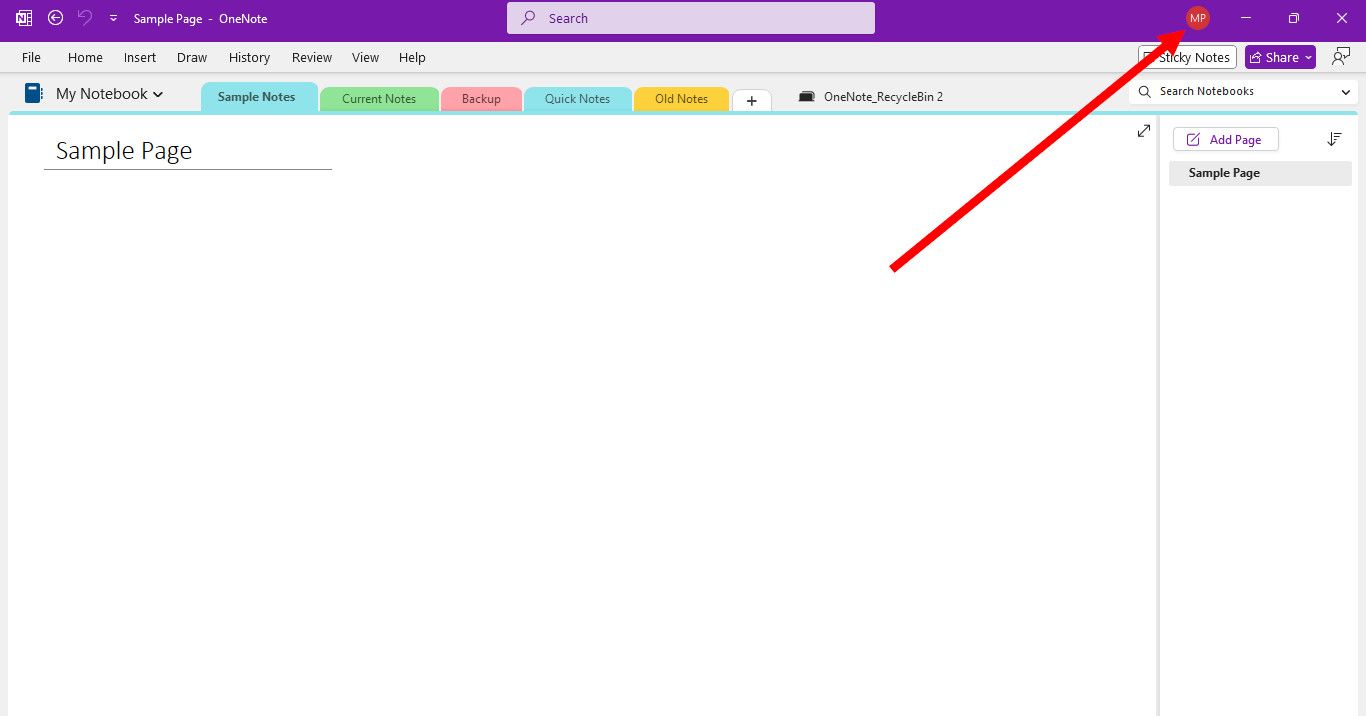 An arrow pointing to the profile icon in OneNote.