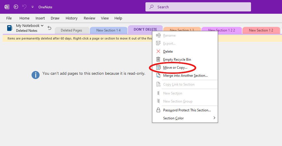 "Move or Copy" option in OneNote