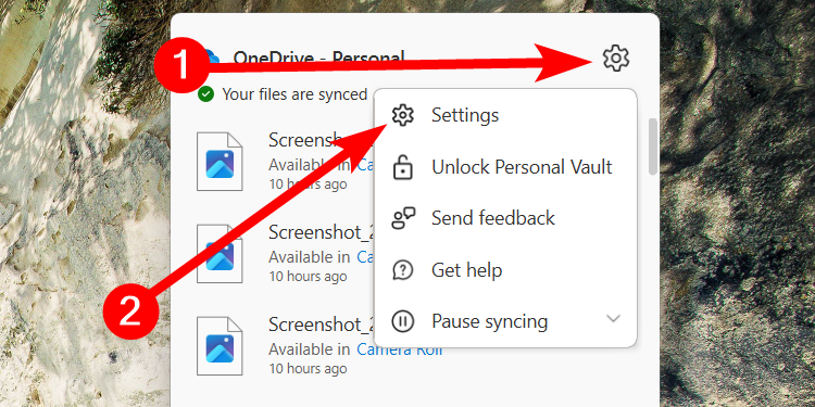 Opening settings in the OneDrive app on Windows.