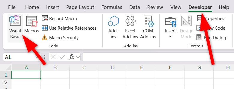 Opening 'Visual Basic' from 'Developer' tab.