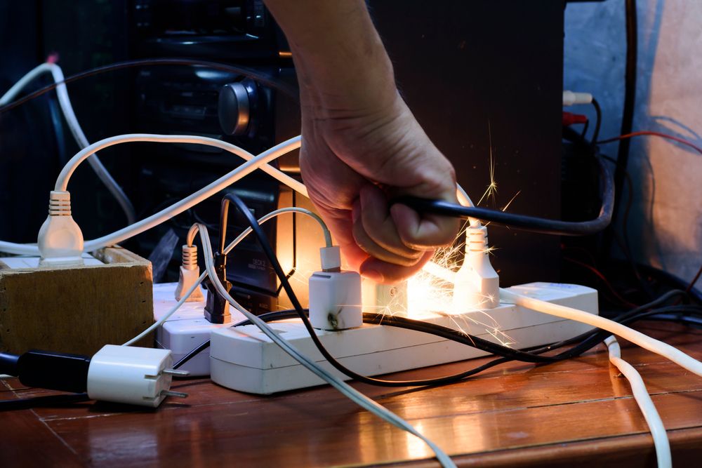 Overloaded plugs with flashing electric sparks.