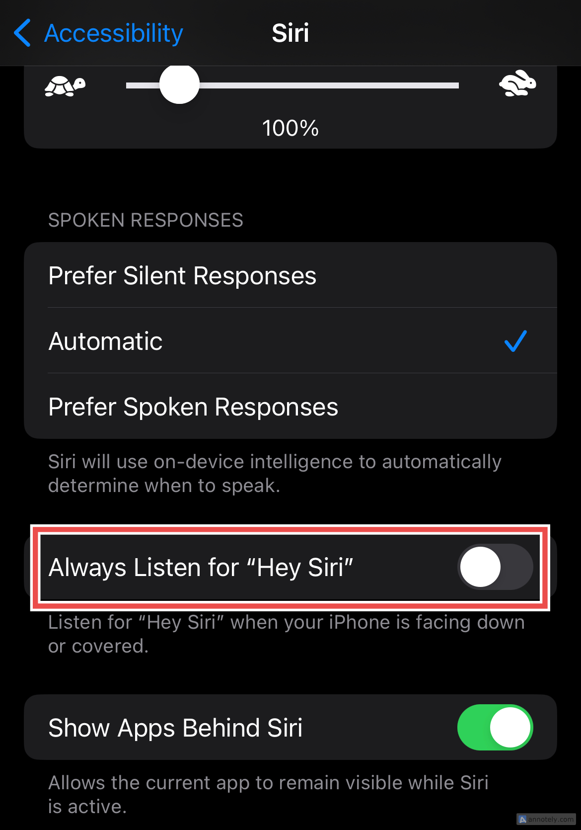 The Always Listen for "Hey Siri" option in Accessibilty settings. 