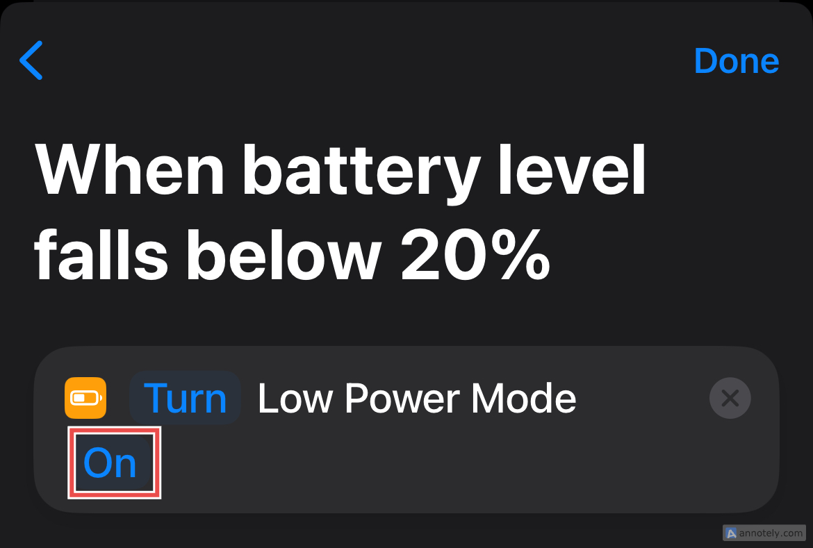 The final automation in Shortcuts for triggering Low Power Mode.