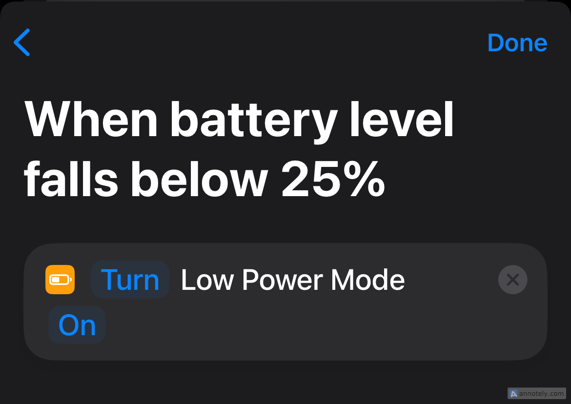 Low Power Mode on the Shortcuts app.