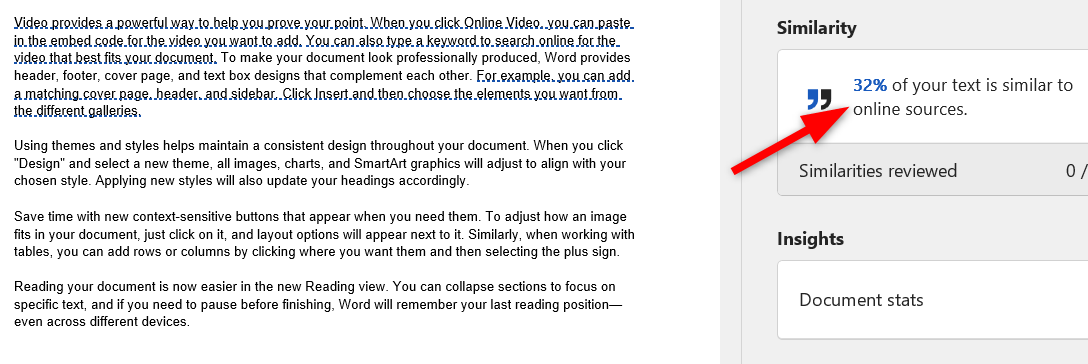 Plagiarism report of opened document with similarity score in Microsoft Word.