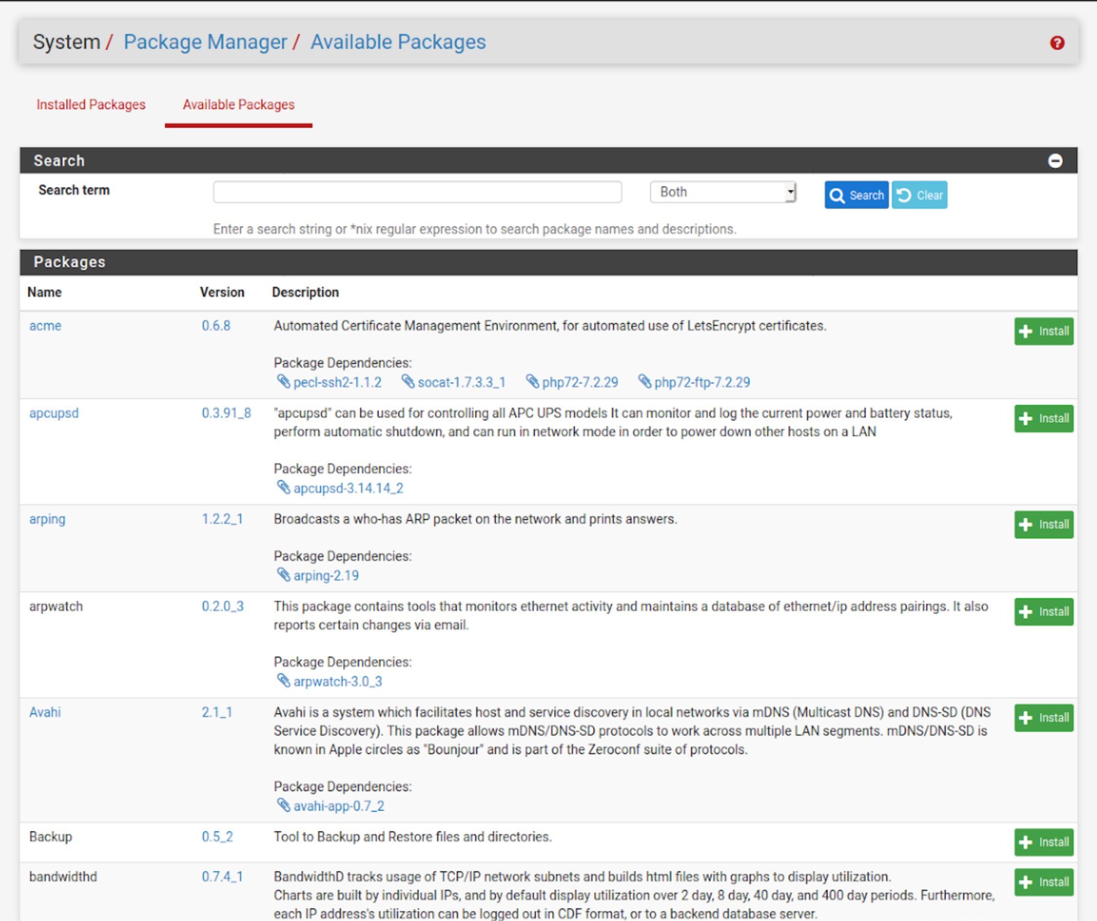 pfSense's Package Manager lists all the available add-ons.