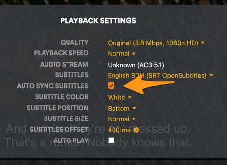 The Plex Player settings with the subtitle auto-syncing option enabled.