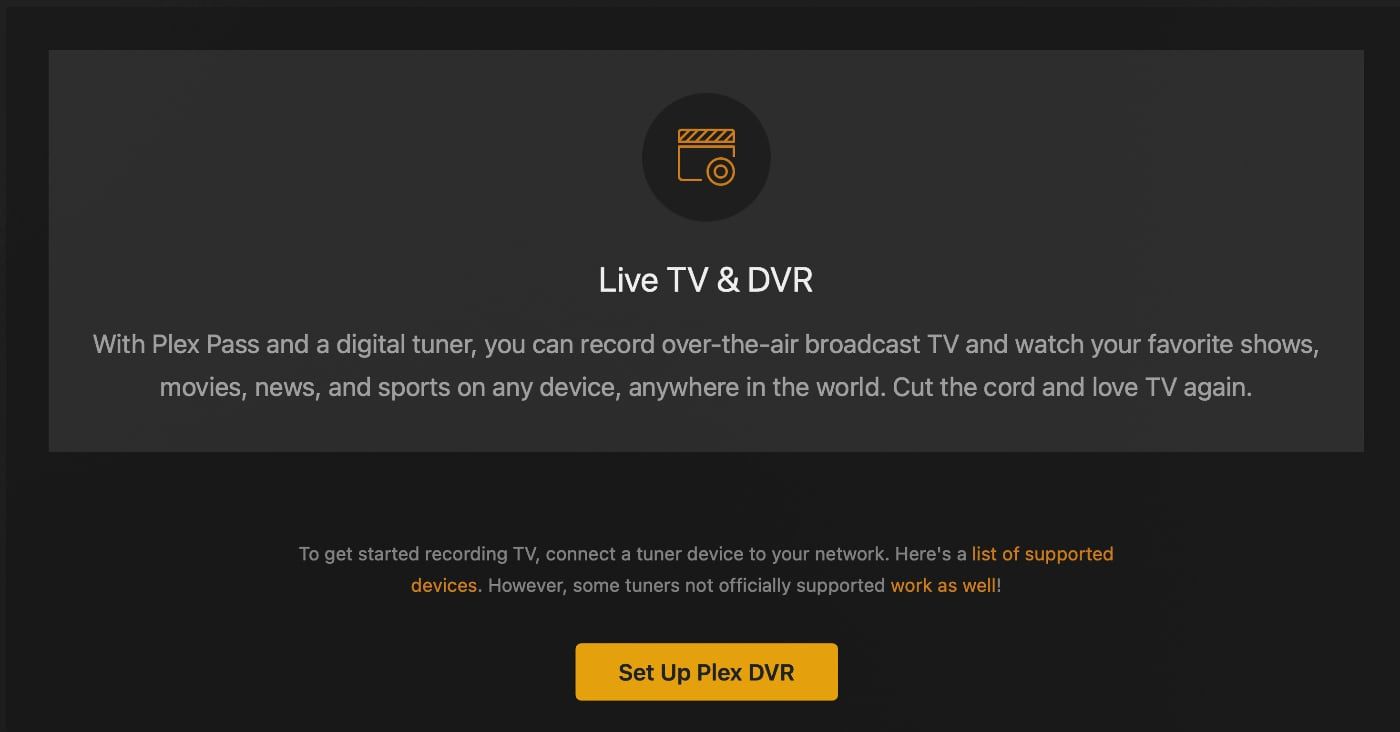 Plex screenshot showing live TV and DVR setup.