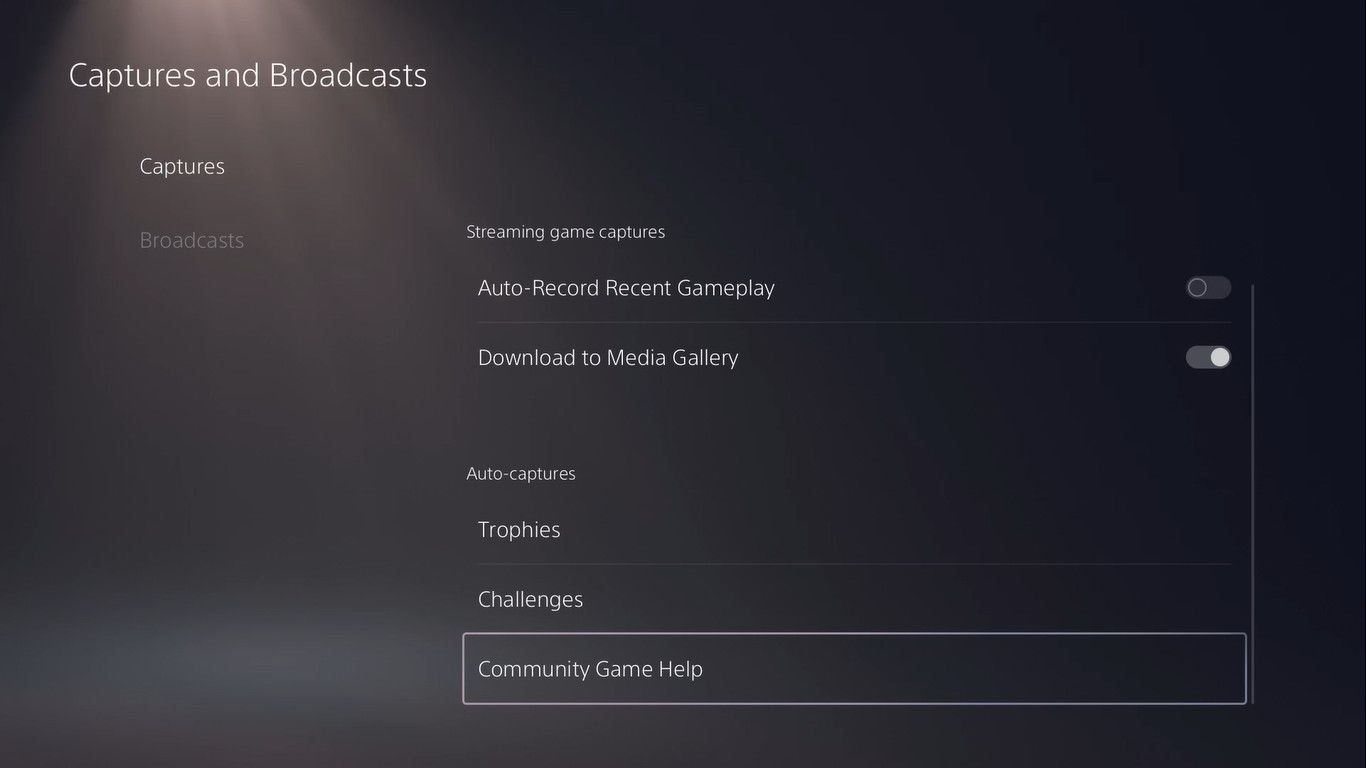 Captures and Broadcasts menu on the PS5, with 