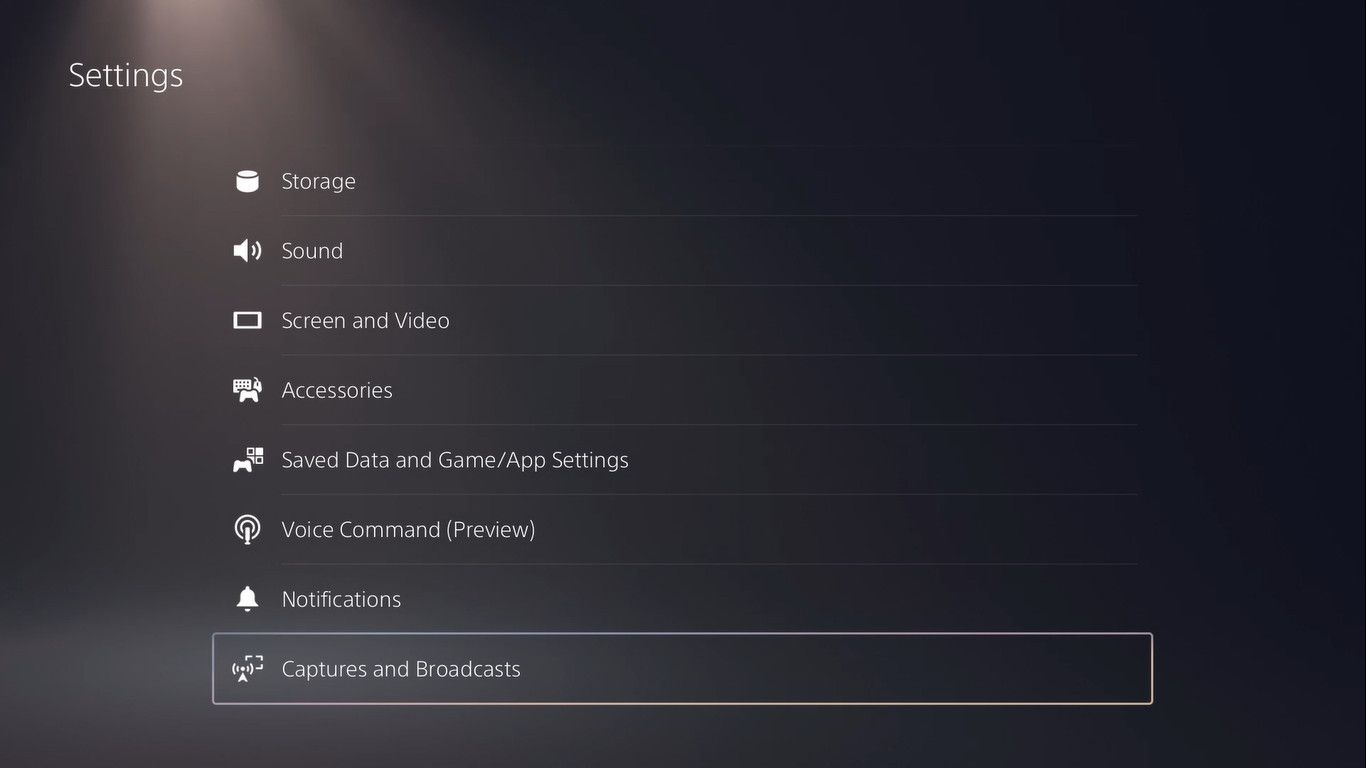 Screenshot of the PS5 settings menu with "Captures and Broadcasts" selected.