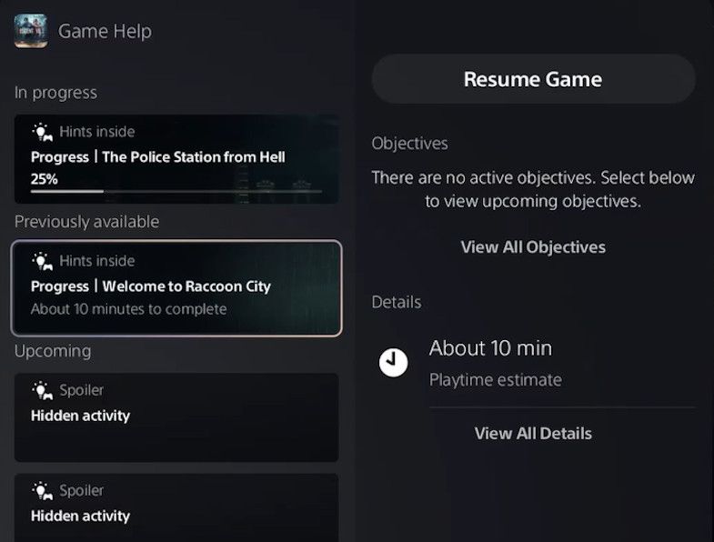 The "Game Help" menu for Resident Evil 2 on PlayStation 5.