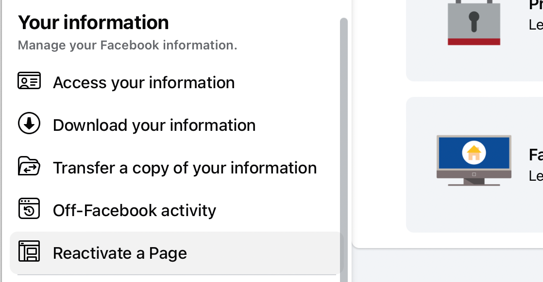 Reactivate page option in Facebook for desktop.