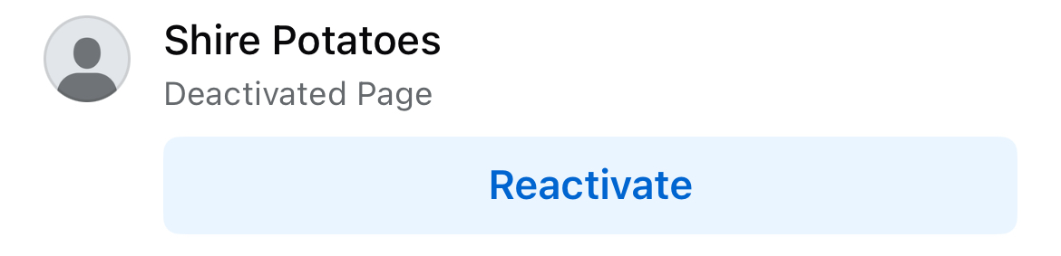 Reactivate page option on Facebook for iPhone.