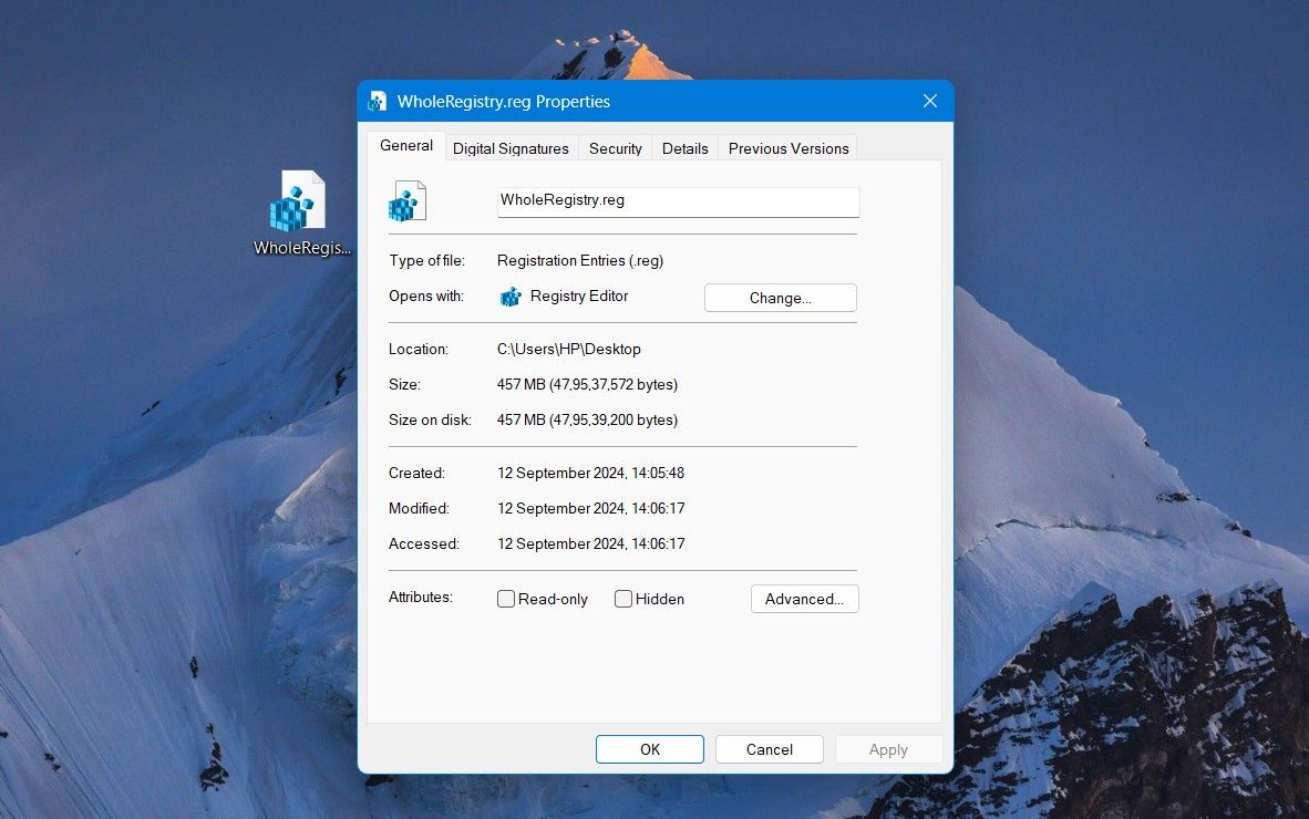Окно свойств файла реестра.