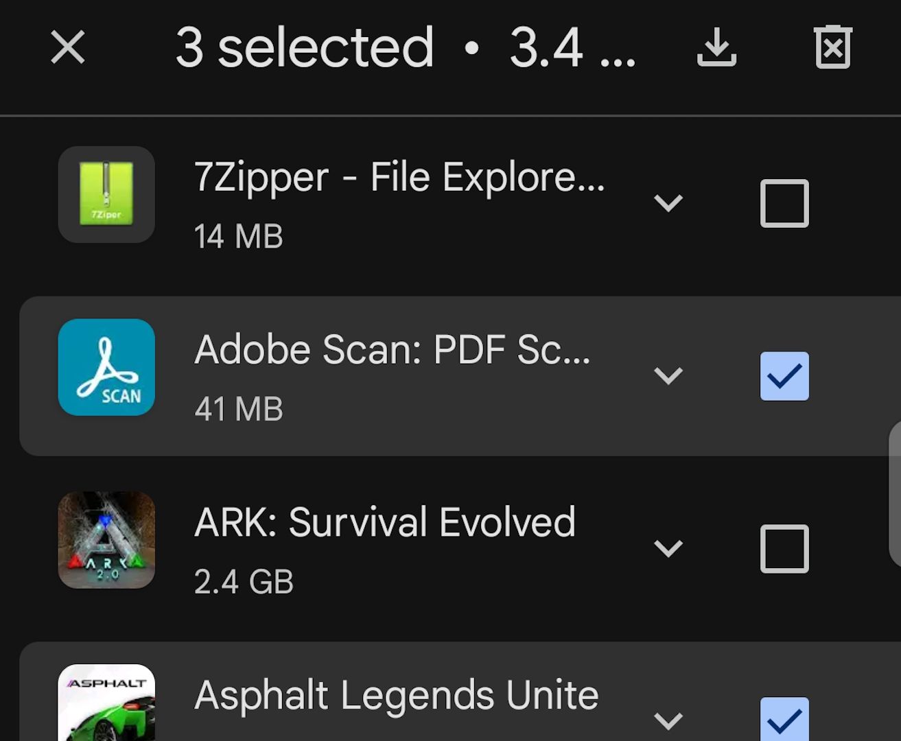 Selecting multiple apps from the list.