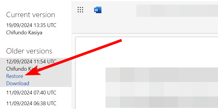 The "Restore" link when restoring a Microsoft Word file on OneDrive.