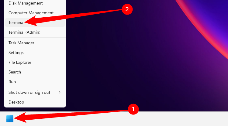 Right-click the start button, then select 'Terminal' on Windows 11 or 'PowerShell' on Windows 10