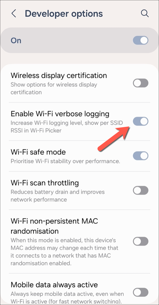 In the Developer Options menu, tap the Enable Wi-Fi Verbose Logging slider.