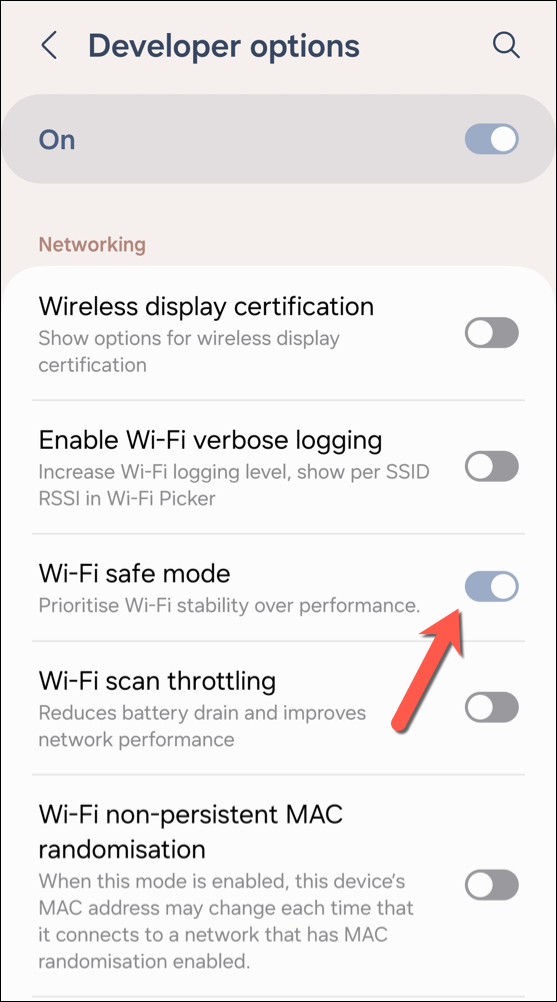 In the Developer Options menu, tap the Wi-Fi Safe Mode slider.