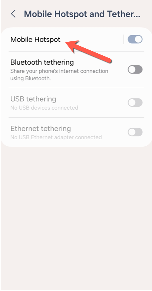 In the Mobile Hotspot and Tethering settings menu, tap Mobile Hotspot.