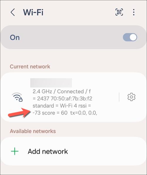 A Wi-Fi network detected by a Samsung Galaxy phone with the RSSI value displayed in the Wi-Fi settings menu.