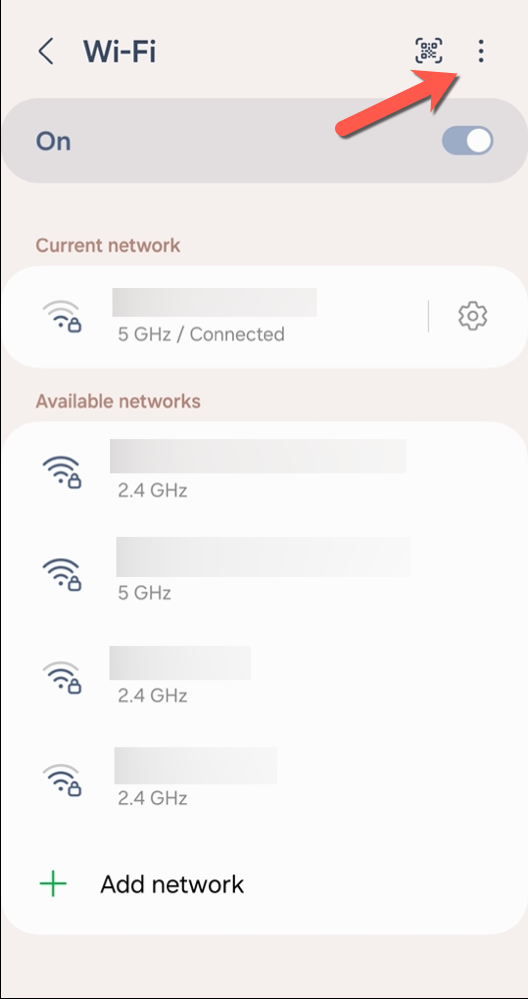 In the Wi-Fi menu, tap the three-dots icon in the top-right corner.