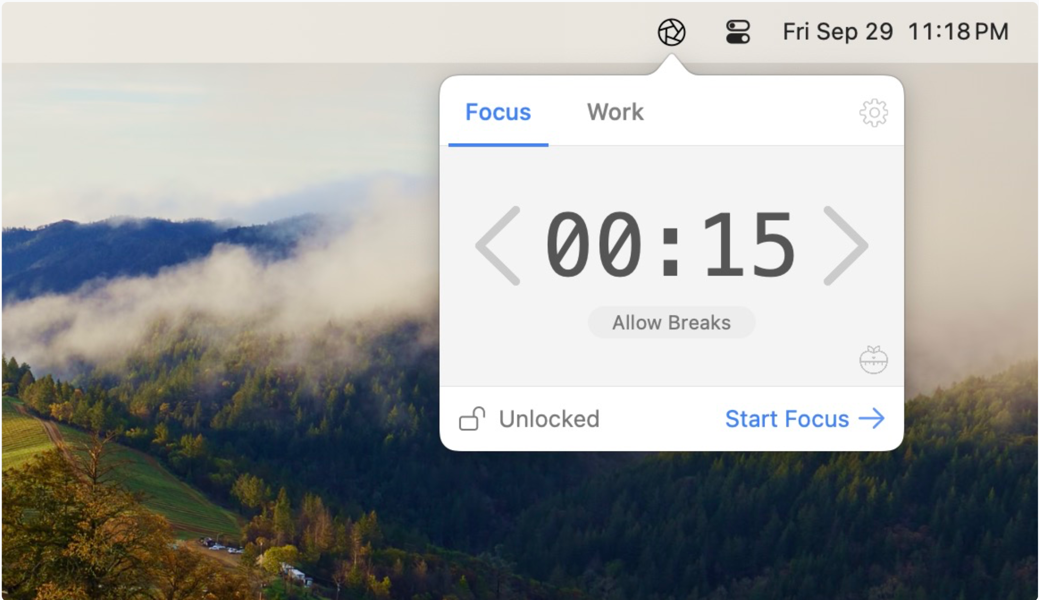 HeyFocus work timer displayed from the menu bar of MacOS.