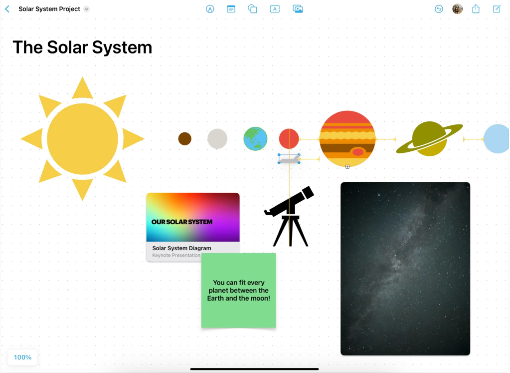 Freeform app showing a diagram of the solar system, as well as links to other documents.