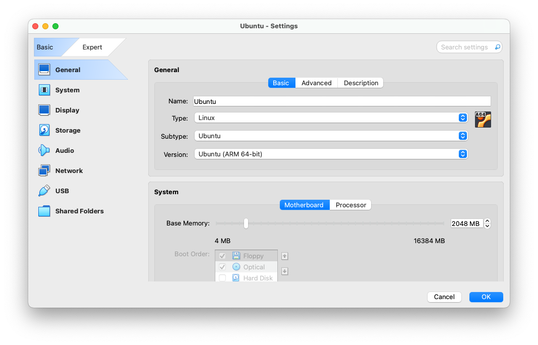 VirtualBox settings window displaying general system information and memory configuration options.