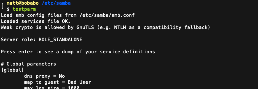 Use testparm to confirm your Samba configuration checks out.