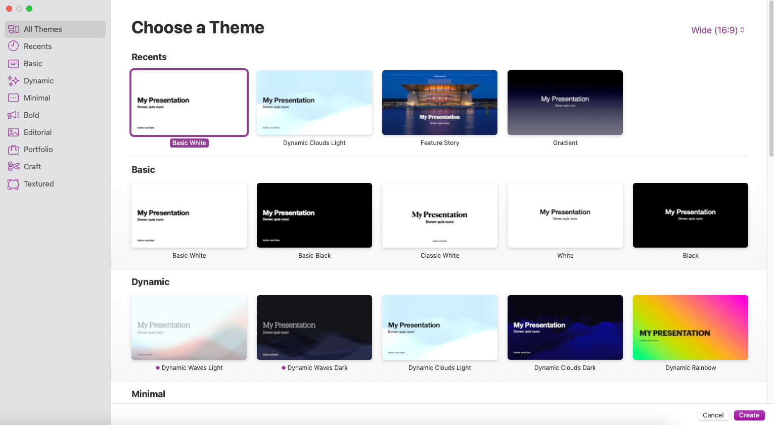 Keynote's available templates from the Create New Presentation menu.