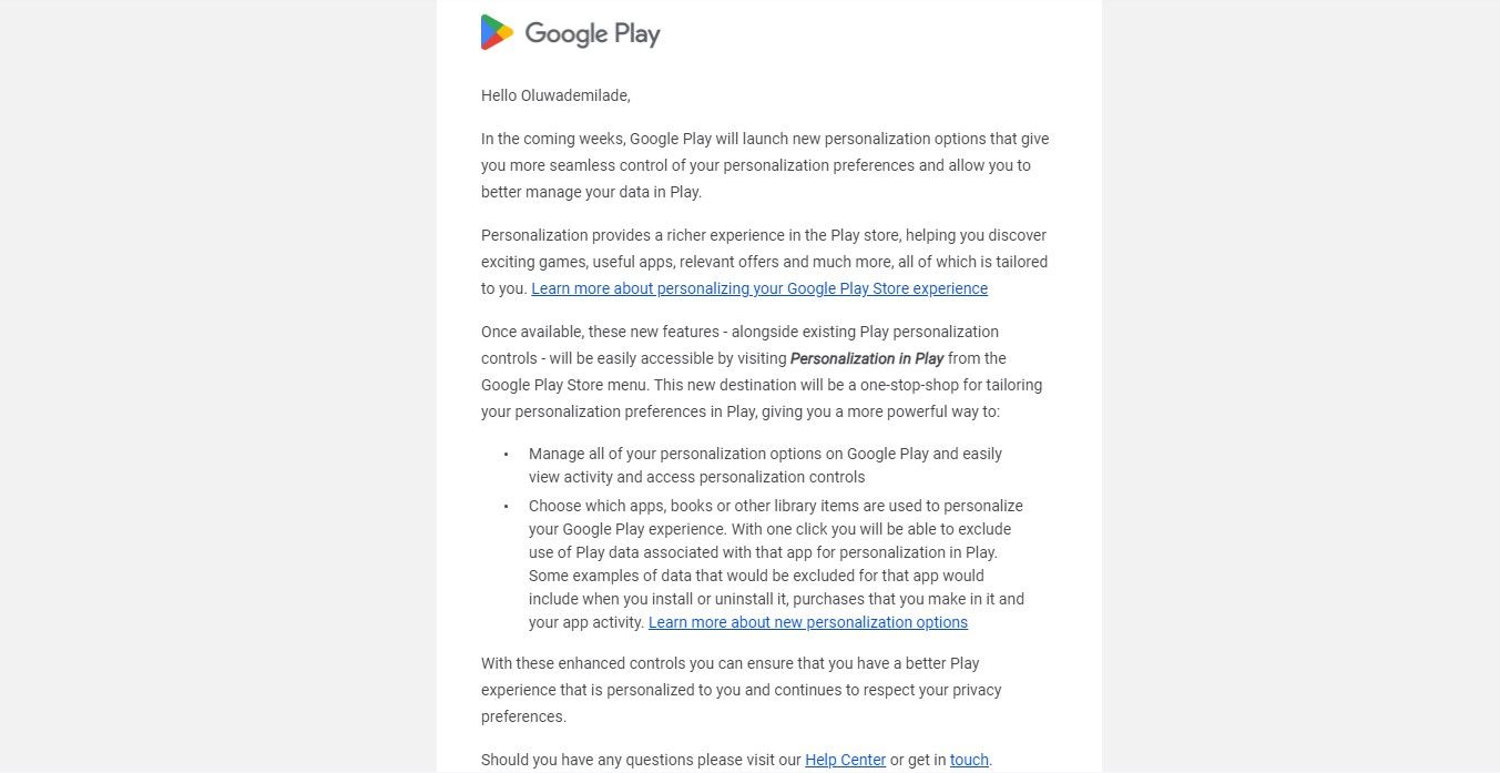 Screenshot of email about Google's Personalization in Play 