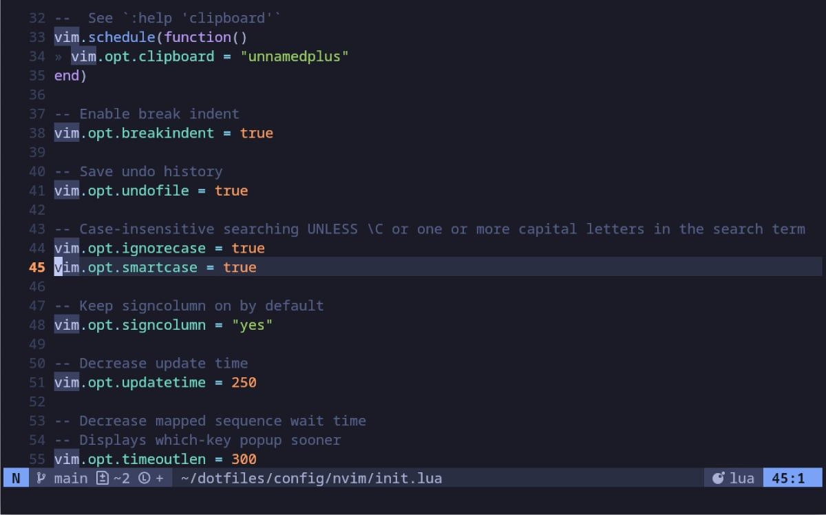 Screenshot of clipboard and indenation options in the Neovim config