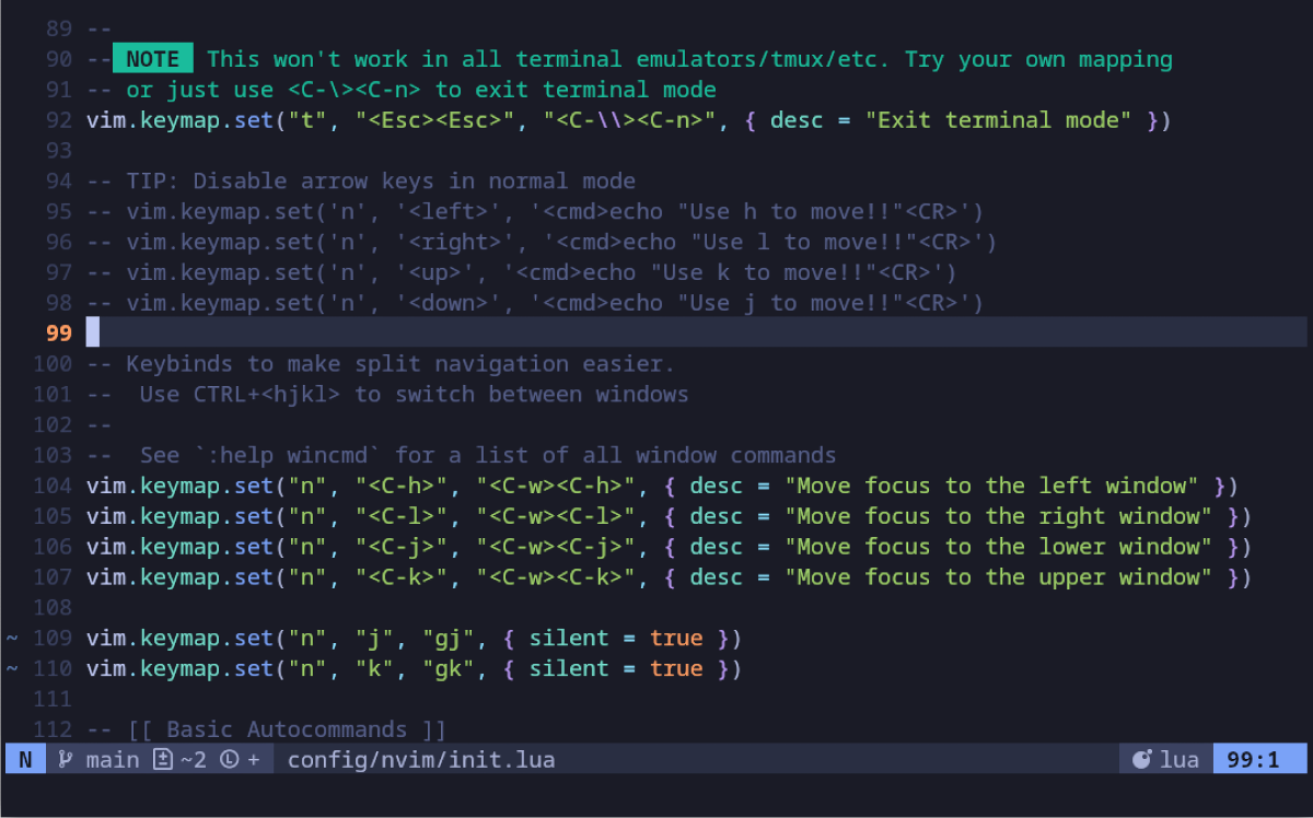 Screenshot of keymaps in the Neovim config file.