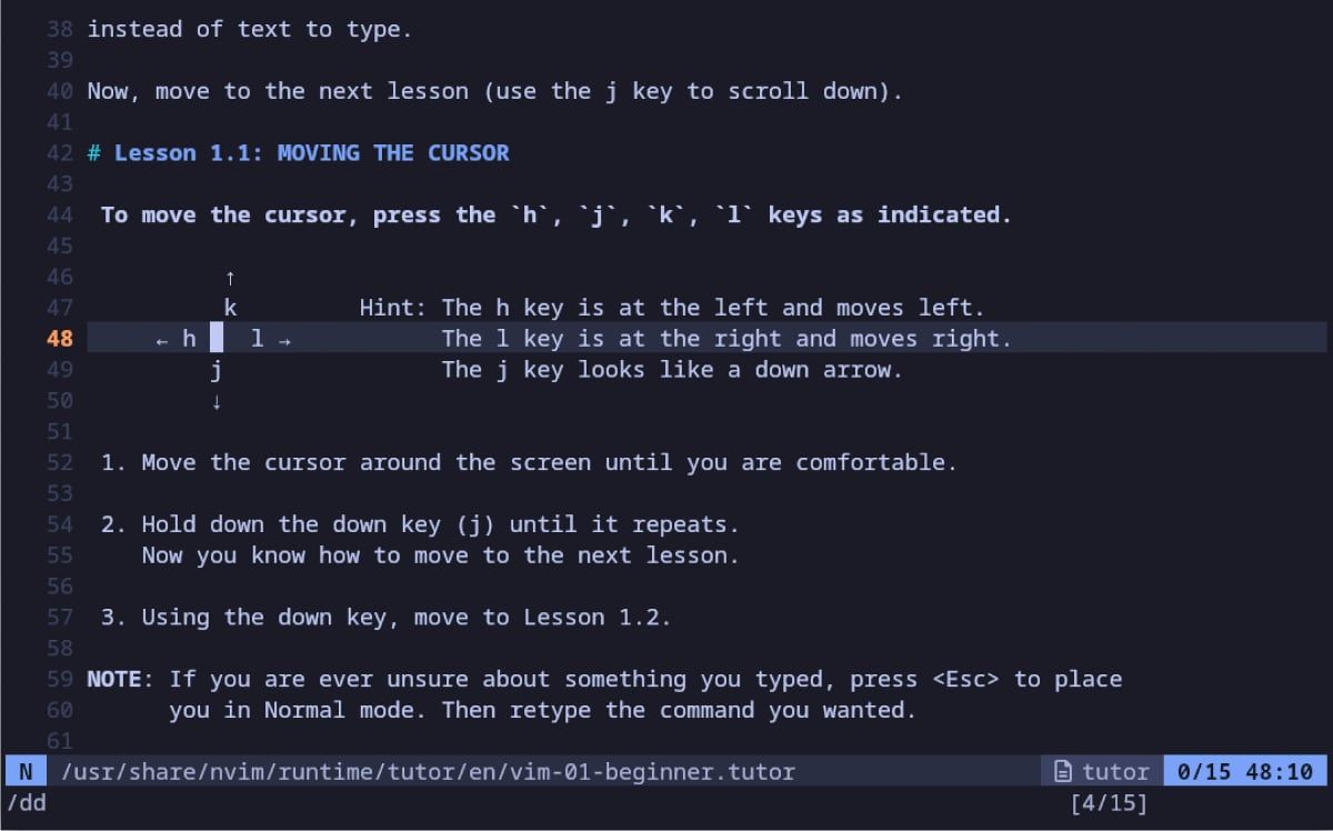 Screenshot of the built-in Tutor feature in Neovim