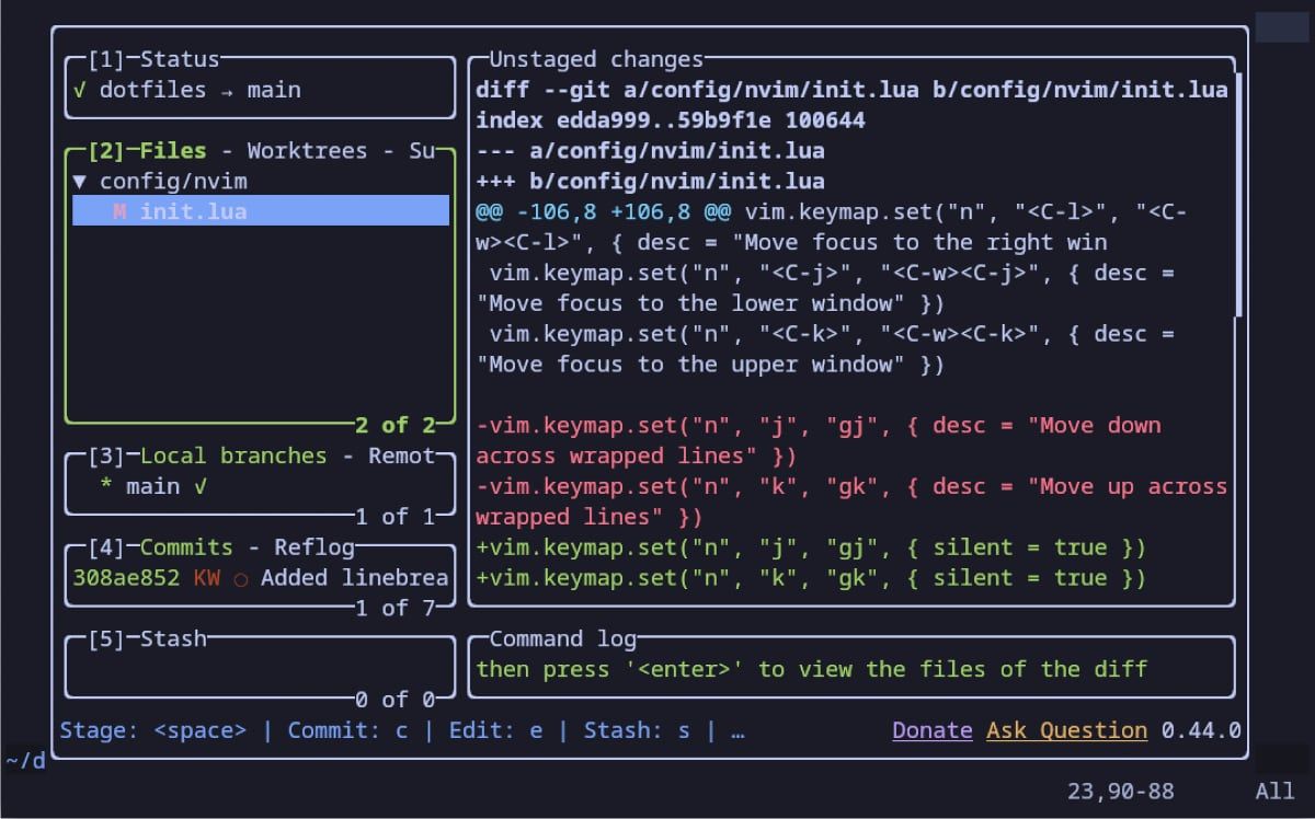 Screenshot of the LazyGit interface inside Neovim.