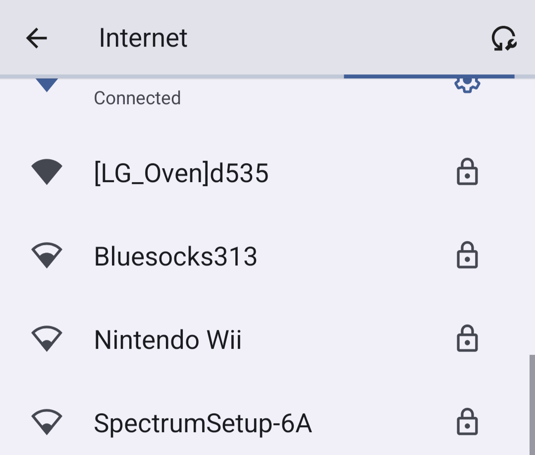 List of nearby Wi-Fi network names, or SSIDs, in an Android settings menu.