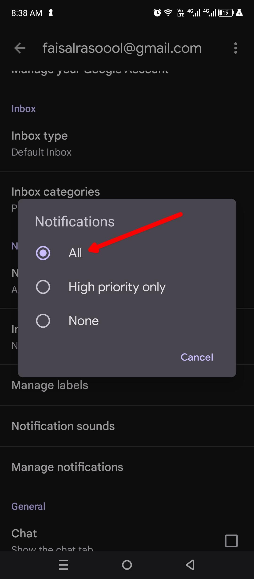 Enabling all notifications inside Gmail.