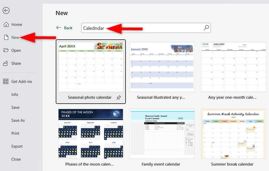 Searching premade calendar template in Excel.