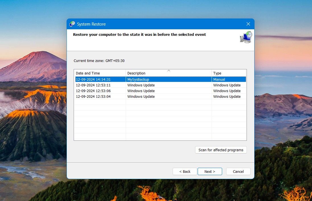 Выбор точки восстановления в окне «Восстановление системы».