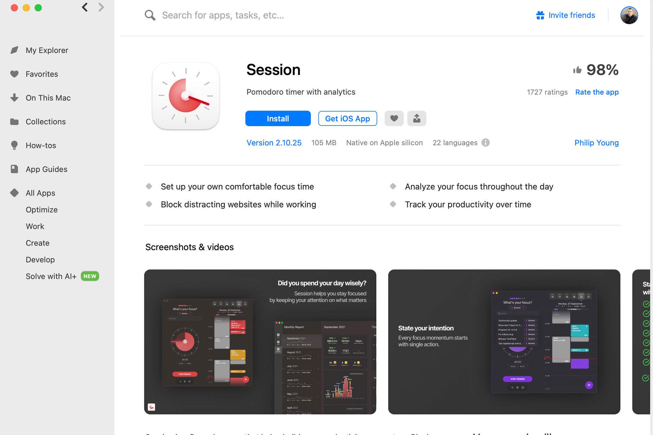 The app Session within Setapp, and the interface for downloading it for Mac or iOS. 