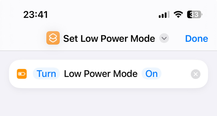 Screengrab of the Set Low Power Mode shortcut on iPhone.